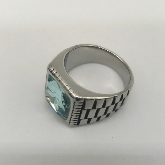 140- Aqua Cubic Zirconia Handmade Men's Ring Size 9 1/2 NWT - Picture 2 of 8